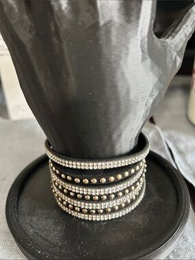 Source Unknown Black Multi-Row Rhinestone and Stud Bracelet